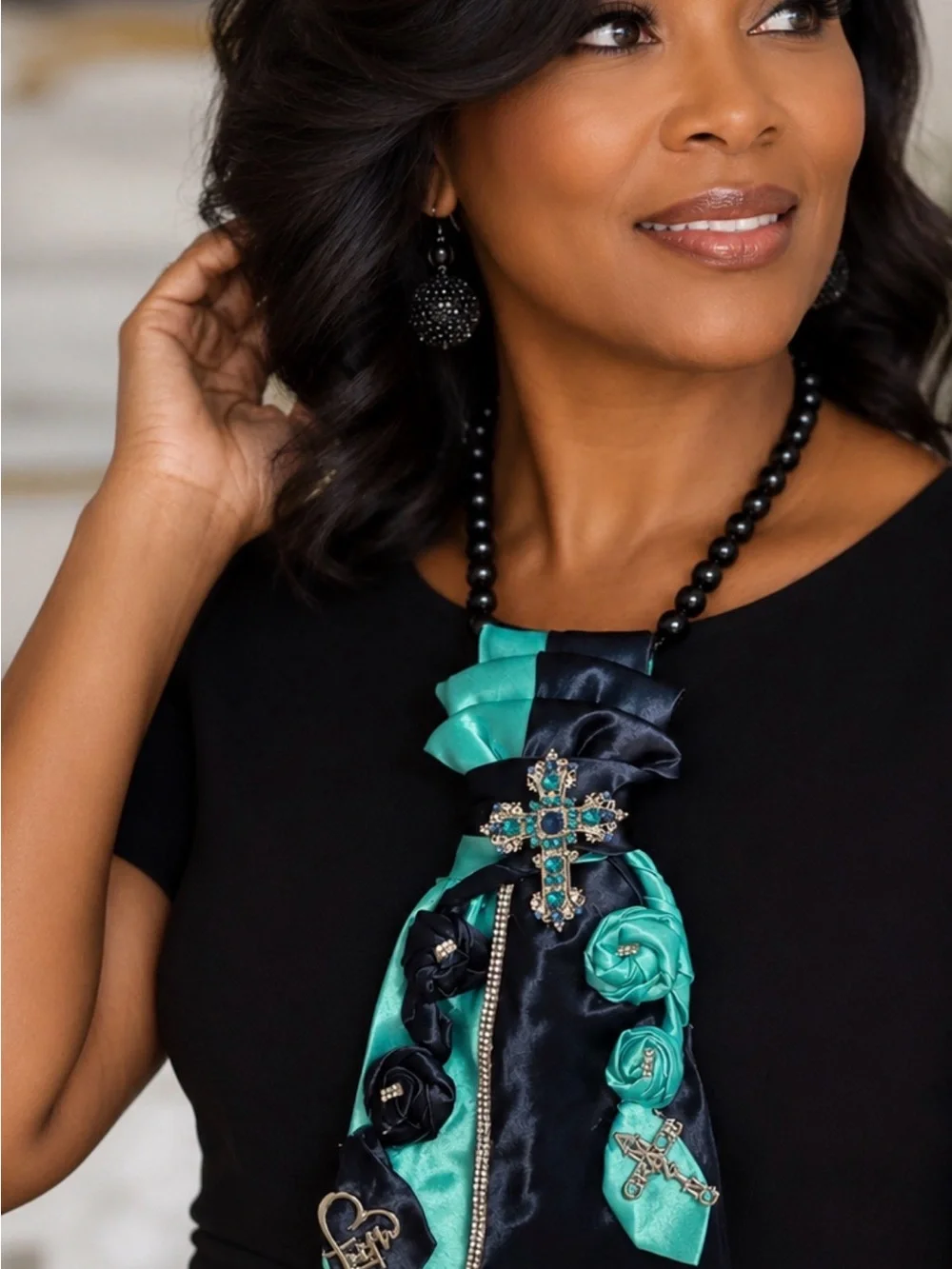 Teal and Navy Satin Cross Pendant Necklace - Women's Fashion Jewelry